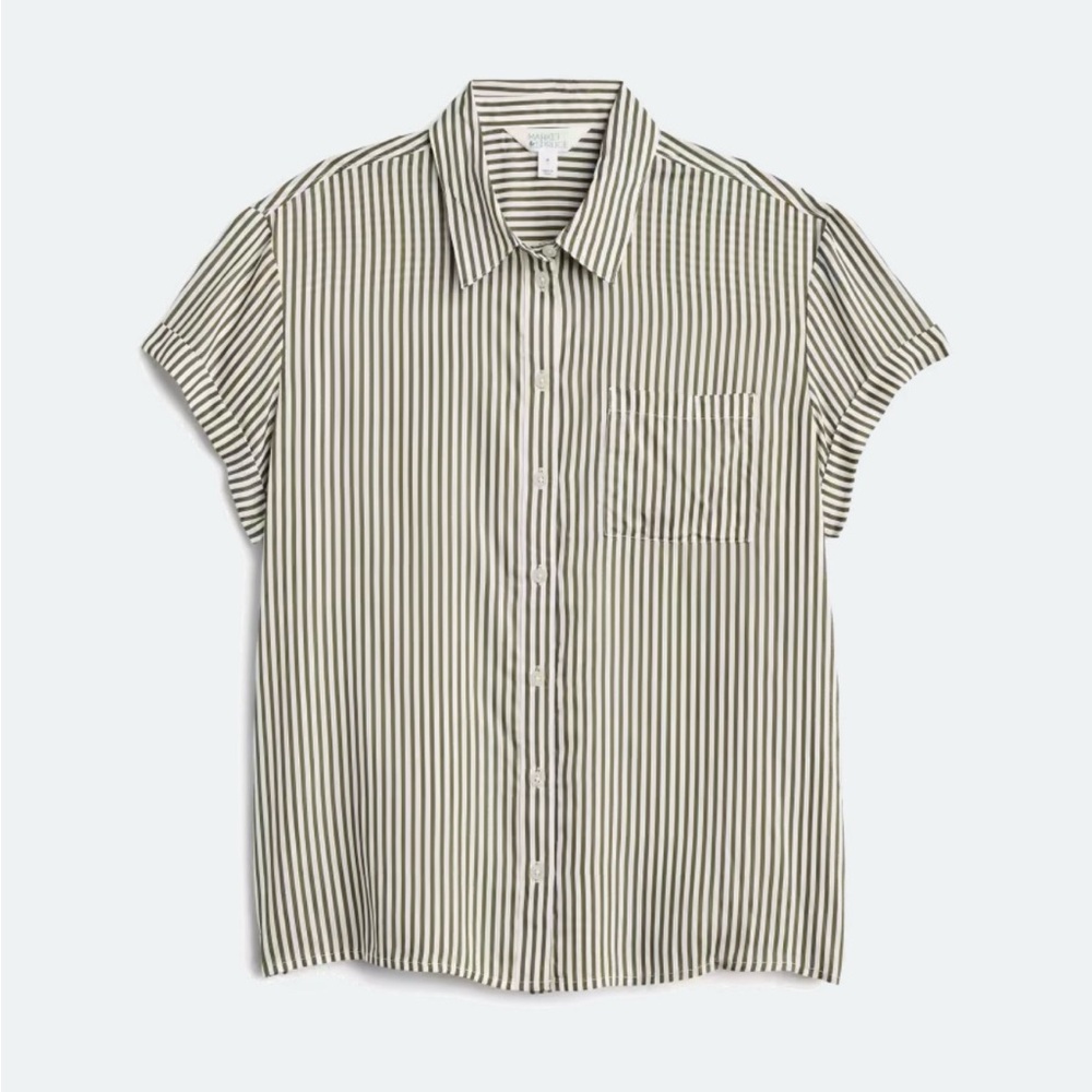Market & Spruce Dark Green and White Striped Button Down Shirt